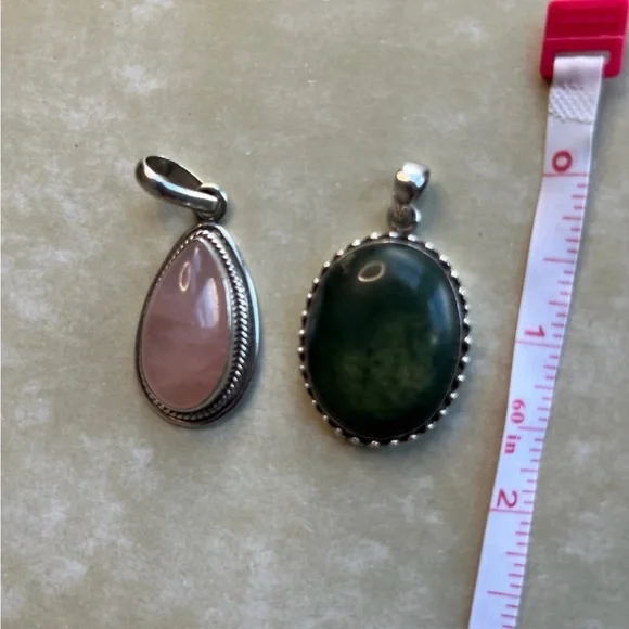 Sterling Silver Rose Quartz & Green Jade Pendant Lot | Vintage - Picture 4 of 4